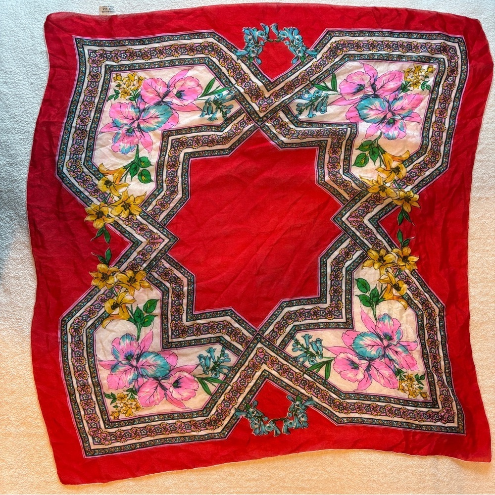 Vintage Sheer Silk Scarf, Hand Rolled, Made in USA. Red Geometric Floral Design.